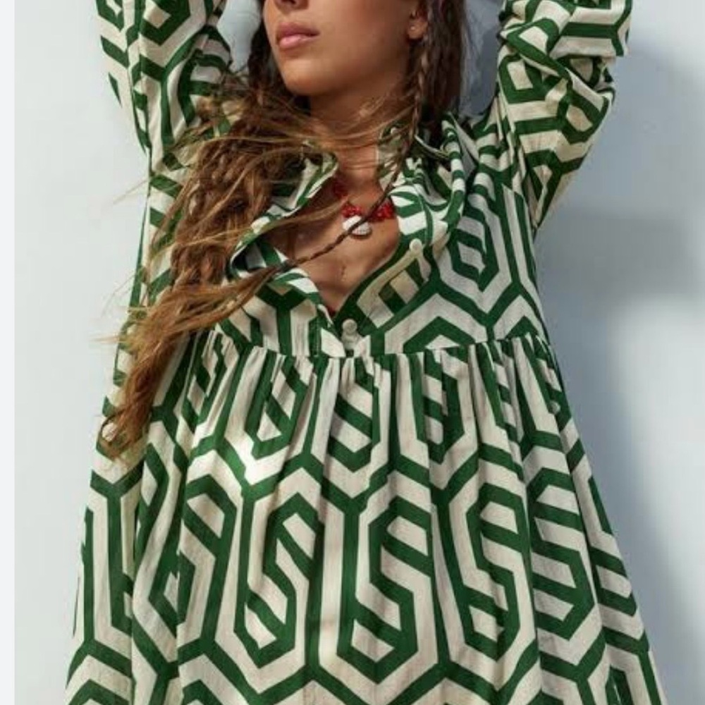 Zara Geometric Poplin Midi Dress • 100% Cotton • Size S
